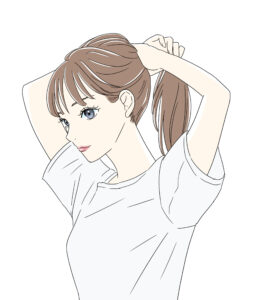 女性 お姉さん 人物 大人 髪 ファッション 結ぶ くくる アップ 束ねる 縛る ビューティー ヘアスタイル ポニーテール リラックス プライベート 手描き 微笑 セットアップ セット